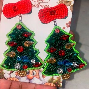 Festive Christmas Tree Earrings with Red and Green Beads